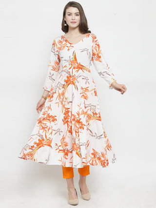 Jompers Women White & Orange Floral Printed Rayon Flared Kurta