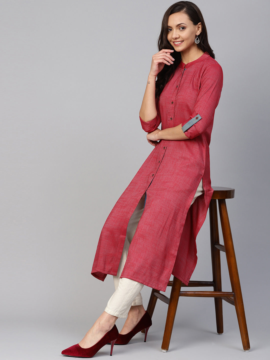 Jompers Women Maroon Woven Design Straight Rayon Kurta with Trousers
