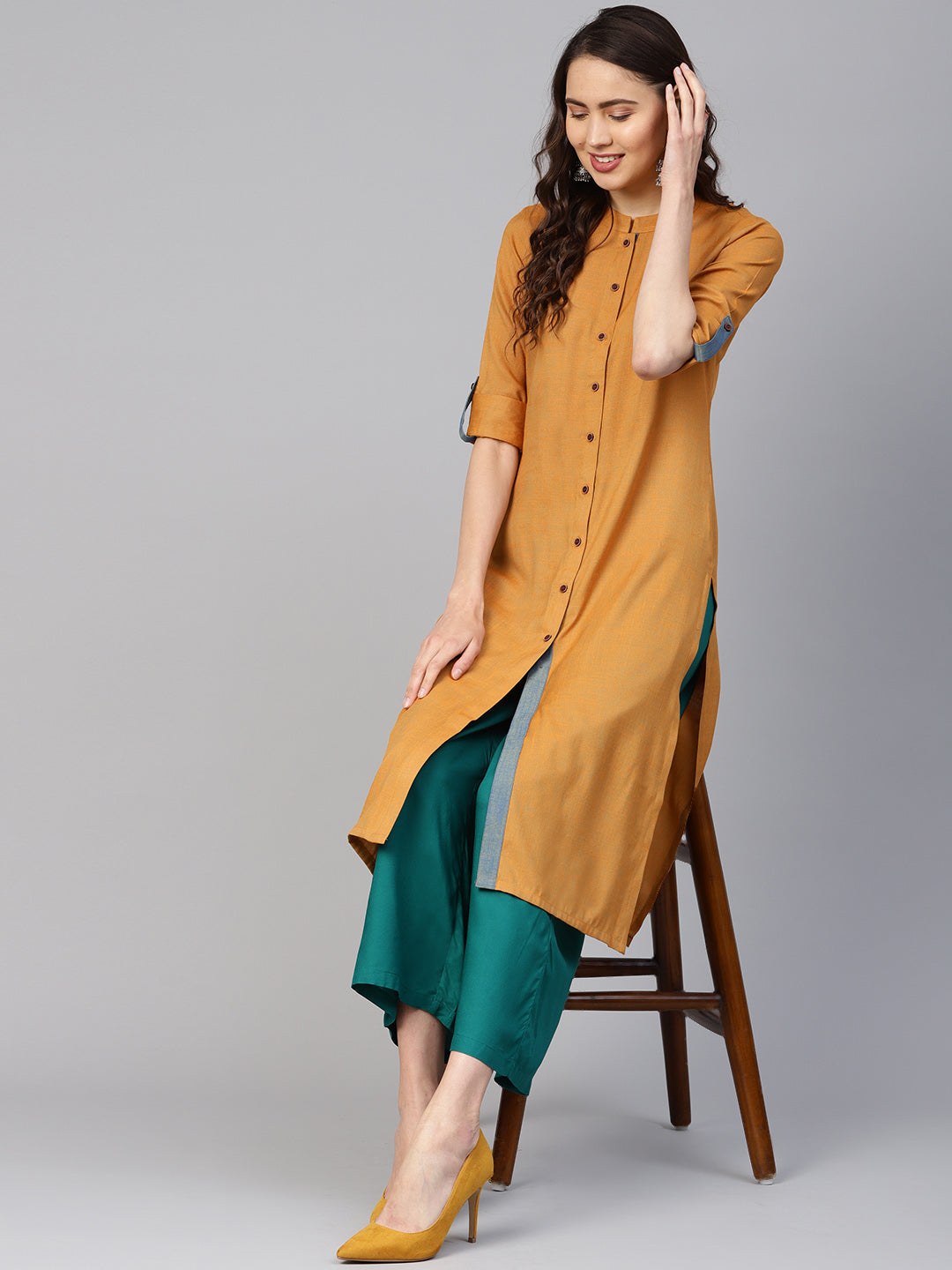 Jompers Women Mustard Woven Design Straight Rayon Kurta