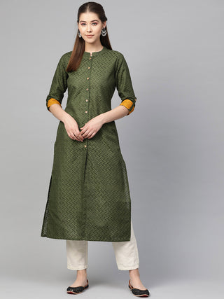 Jompers Women Olive Green Woven Design Straight Kurta