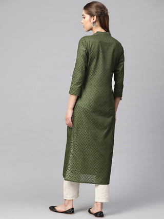 Jompers Women Olive Green Woven Design Straight Kurta