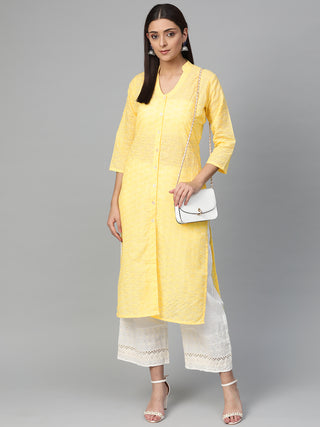 Jompers Women Yellow Chikankari Embroidered Semi-Sheer Straight Kurta