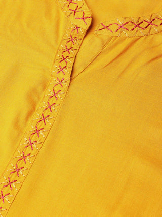 Jompers Women Mustard Embroidered Straight Kurta