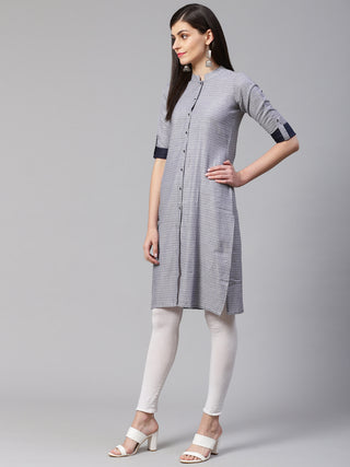 Jompers Women Grey & Blue Jacquard Woven Design Straight Kurta