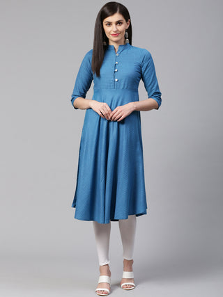 Jompers Women Blue Woven Design Jacquard Weave A-Line Kurta