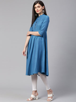 Jompers Women Blue Woven Design Jacquard Weave A-Line Kurta