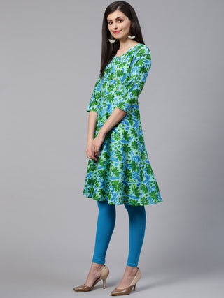 Jompers Women Blue & Green Floral Print Angrakha A-Line Kurta
