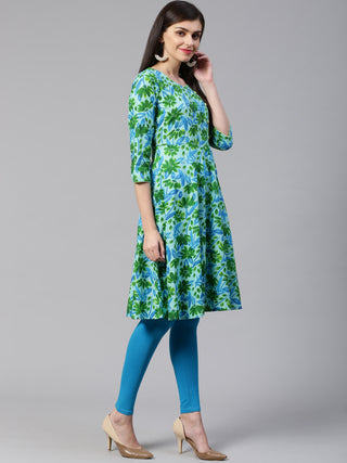 Jompers Women Blue & Green Floral Print Angrakha A-Line Kurta