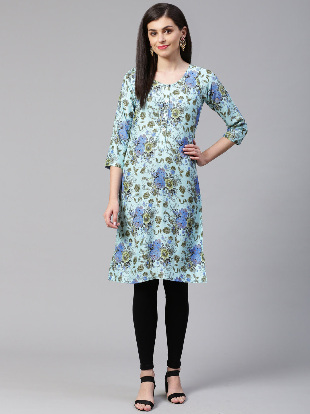 Jompers Women Blue & Green Floral Print Straight Kurta