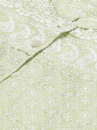 Women Lime Green & White Chikankari Embroidered Kurta with Palazzos