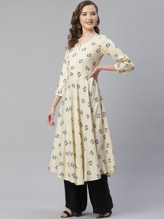 Jompers Women Off-White & Black Floral Printed A-Line Kurta