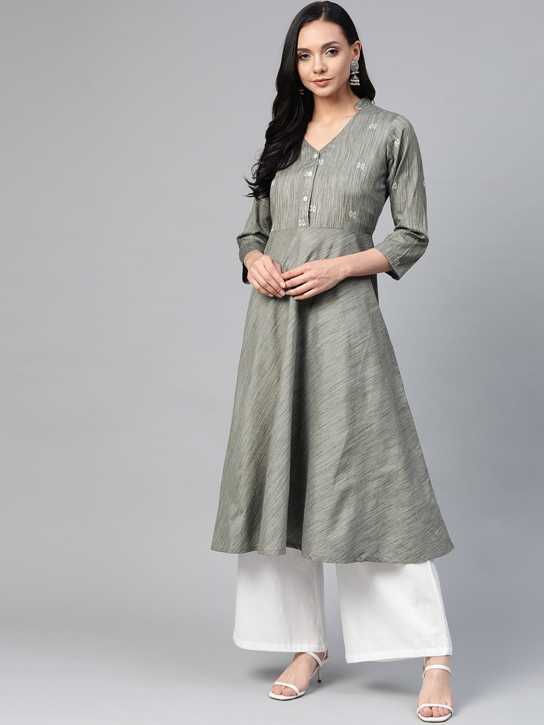 Jompers Women Grey Woven Design Flaired Kurta