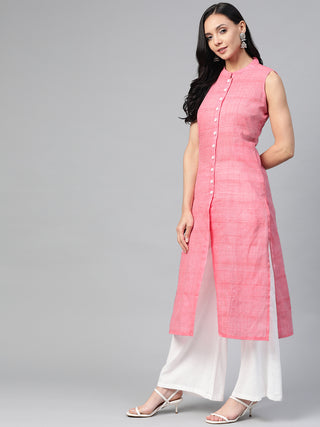 Jompers Women Pink Pure Cotton Woven Design Straight Kurta