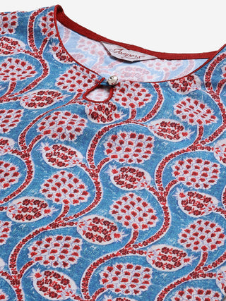 Jompers Women Blue & Red Ethnic Motifs Printed Keyhole Neck Kurta