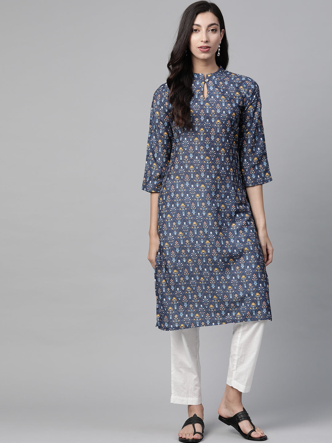 Jompers Women Blue & Yellow Floral Printed Keyhole Neck Floral Kurta