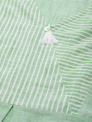 Jompers Women Green Pure Cotton Striped Pleated Kurta