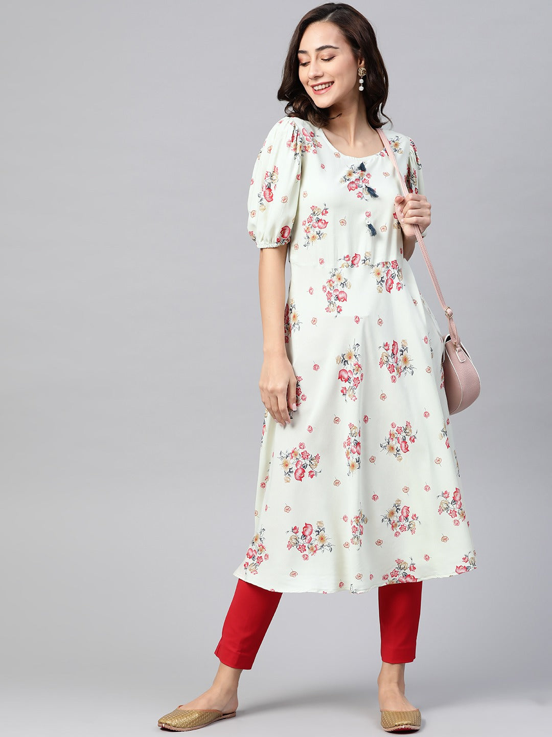 Jompers Women Green & Red Floral Printed A-Line Kurta
