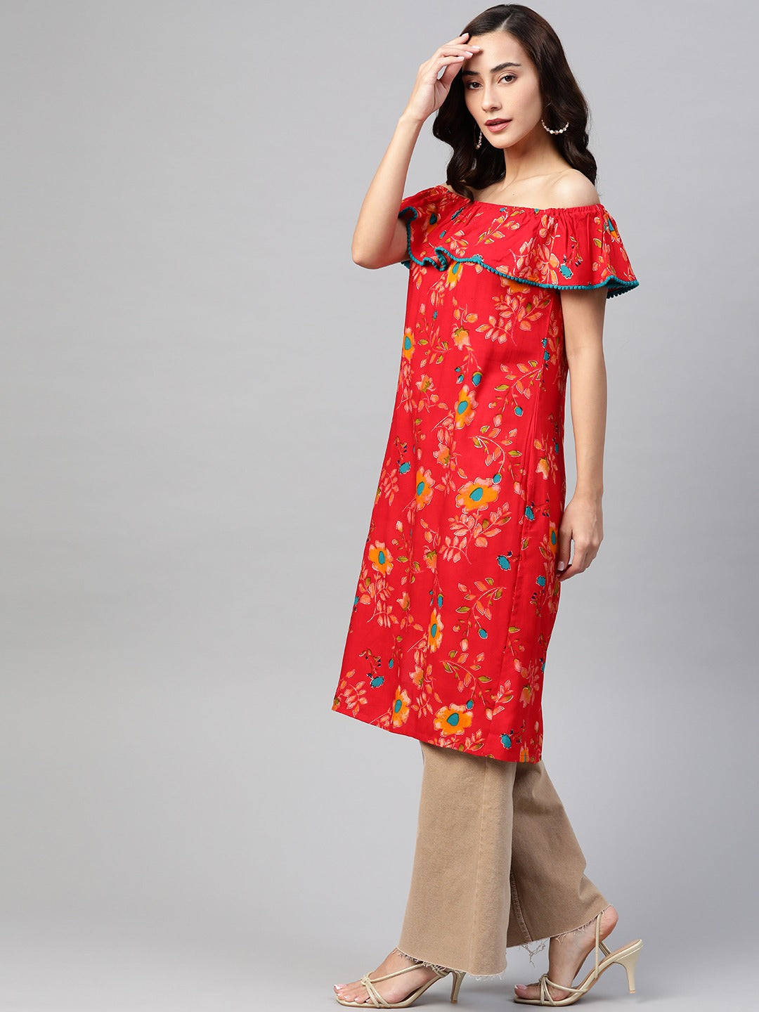Jompers Women Red & Yellow Floral Printed Straight Kurta