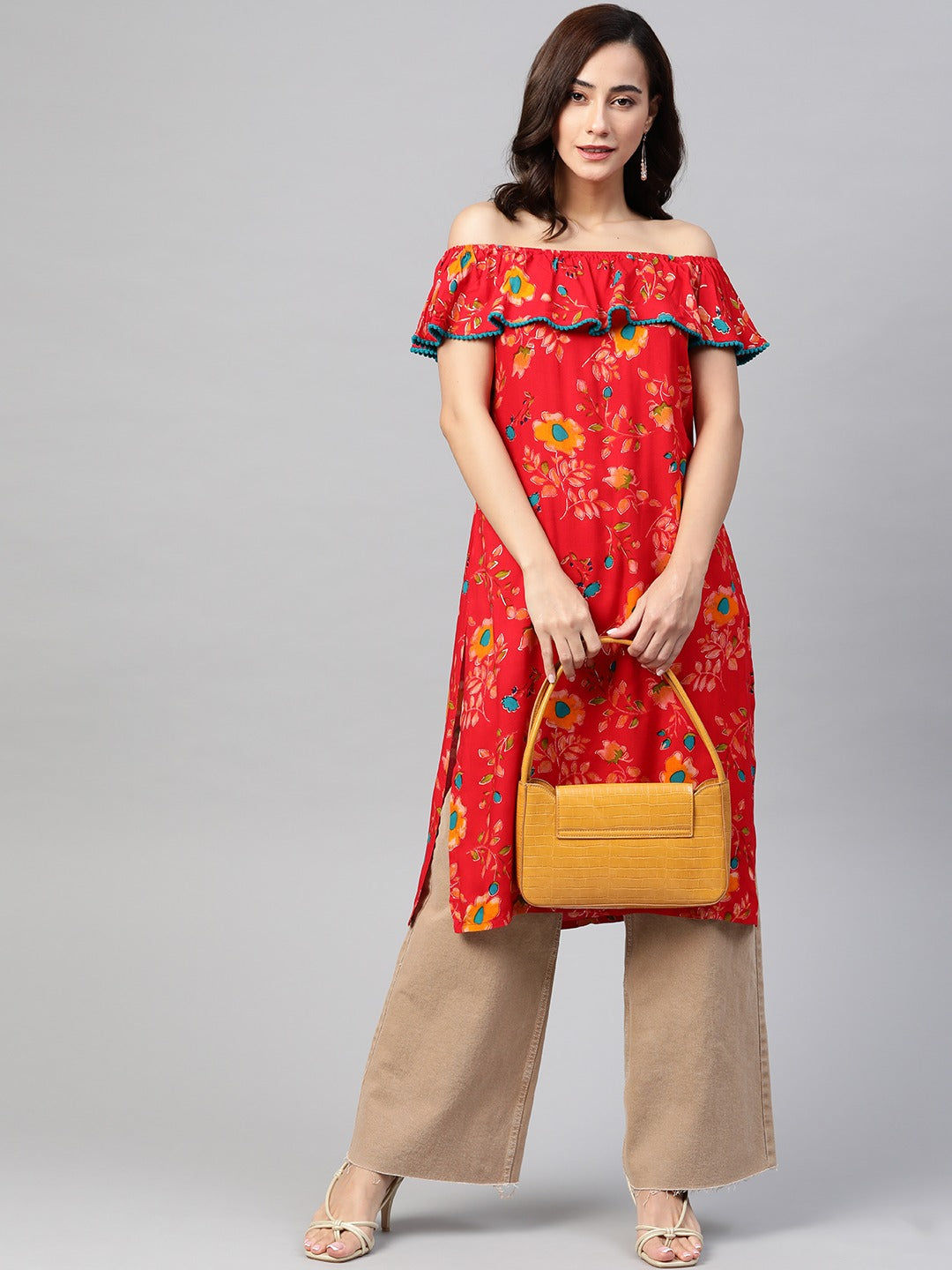 Jompers Women Red & Yellow Floral Printed Straight Kurta