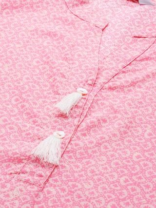 Jompers Women Pink & Off White Pure Cotton Ethnic Motifs Printed Kurta