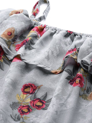 Jompers Women Grey & Pink Floral Printed Off-Shoulder Floral Kurta