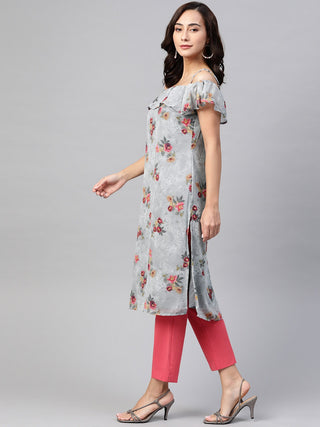Jompers Women Grey & Pink Floral Printed Off-Shoulder Floral Kurta