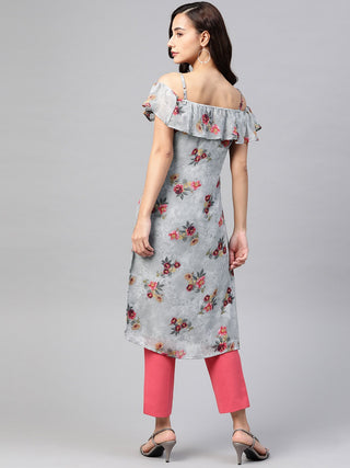 Jompers Women Grey & Pink Floral Printed Off-Shoulder Floral Kurta