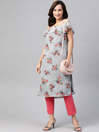 Jompers Women Grey & Pink Floral Printed Off-Shoulder Floral Kurta