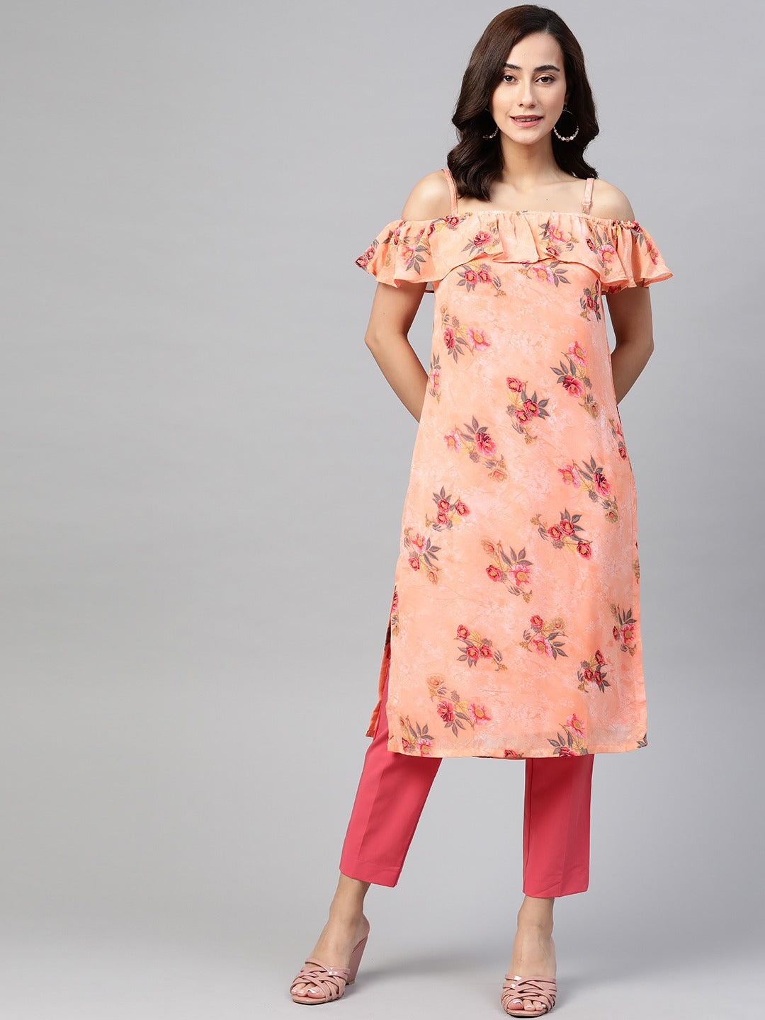 Jompers Women Peach-Coloured & Grey Floral Print Off-Shoulder Straight Kurta