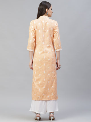 Women Orange Ethnic Motifs Ikat Kurta with lace work