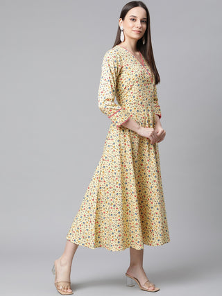 Jompers Yellow Floral printed A-Line kurta