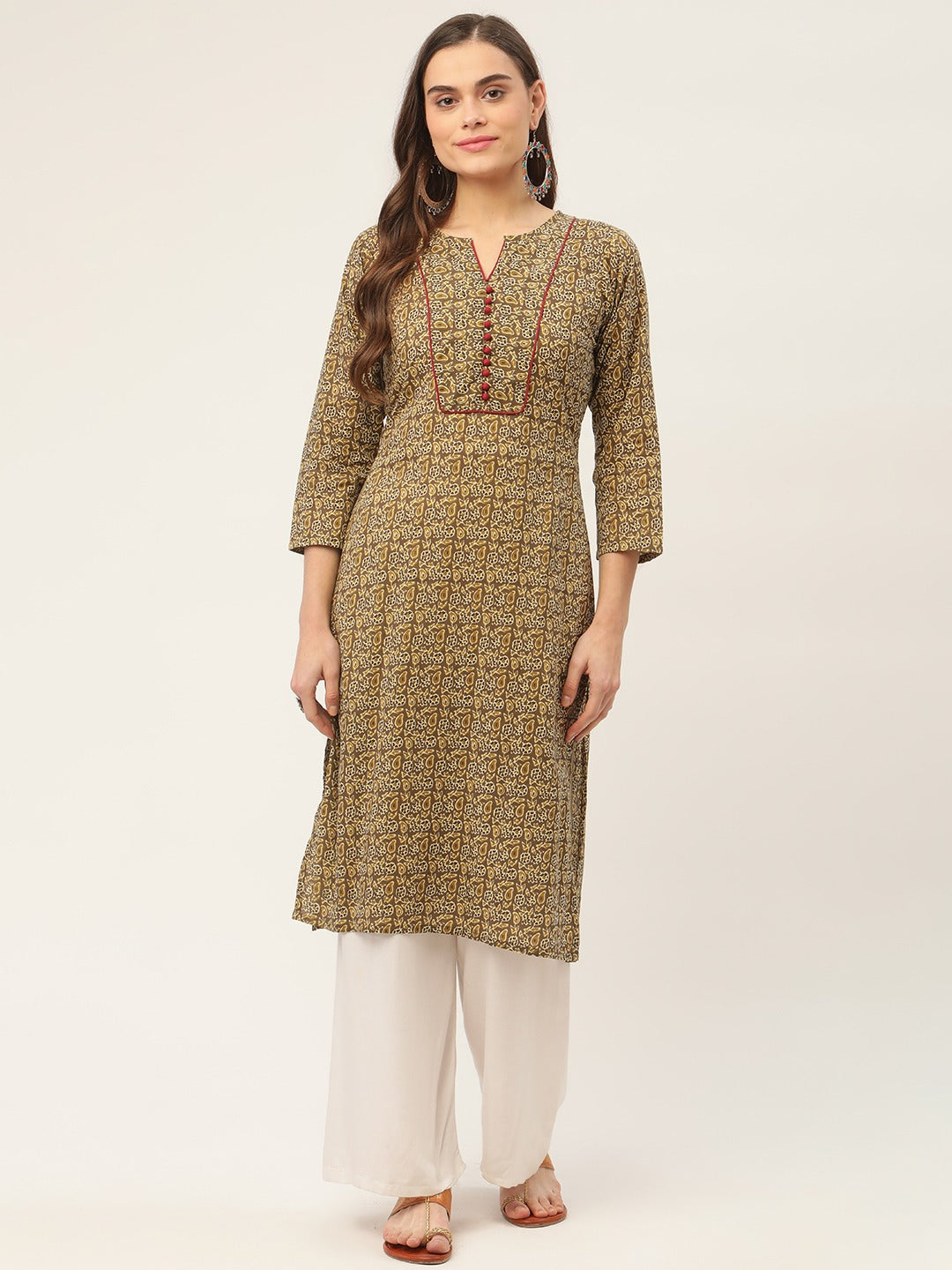 Women Brown and Olive Printed Straight Pure Cotton Kurta