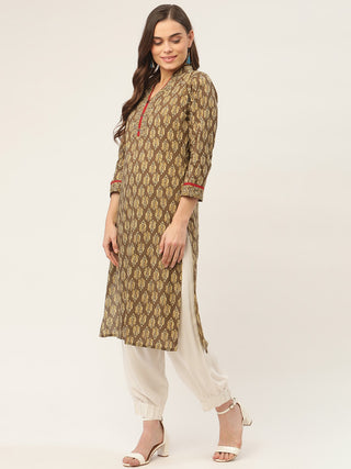 Women Brown and Olive Printed Straight Pure Cotton Kurta