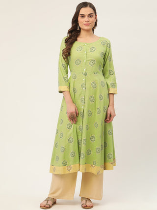 Women Green Cotton Blend Flared Printed kurta