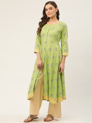 Women Green Cotton Blend Flared Printed kurta