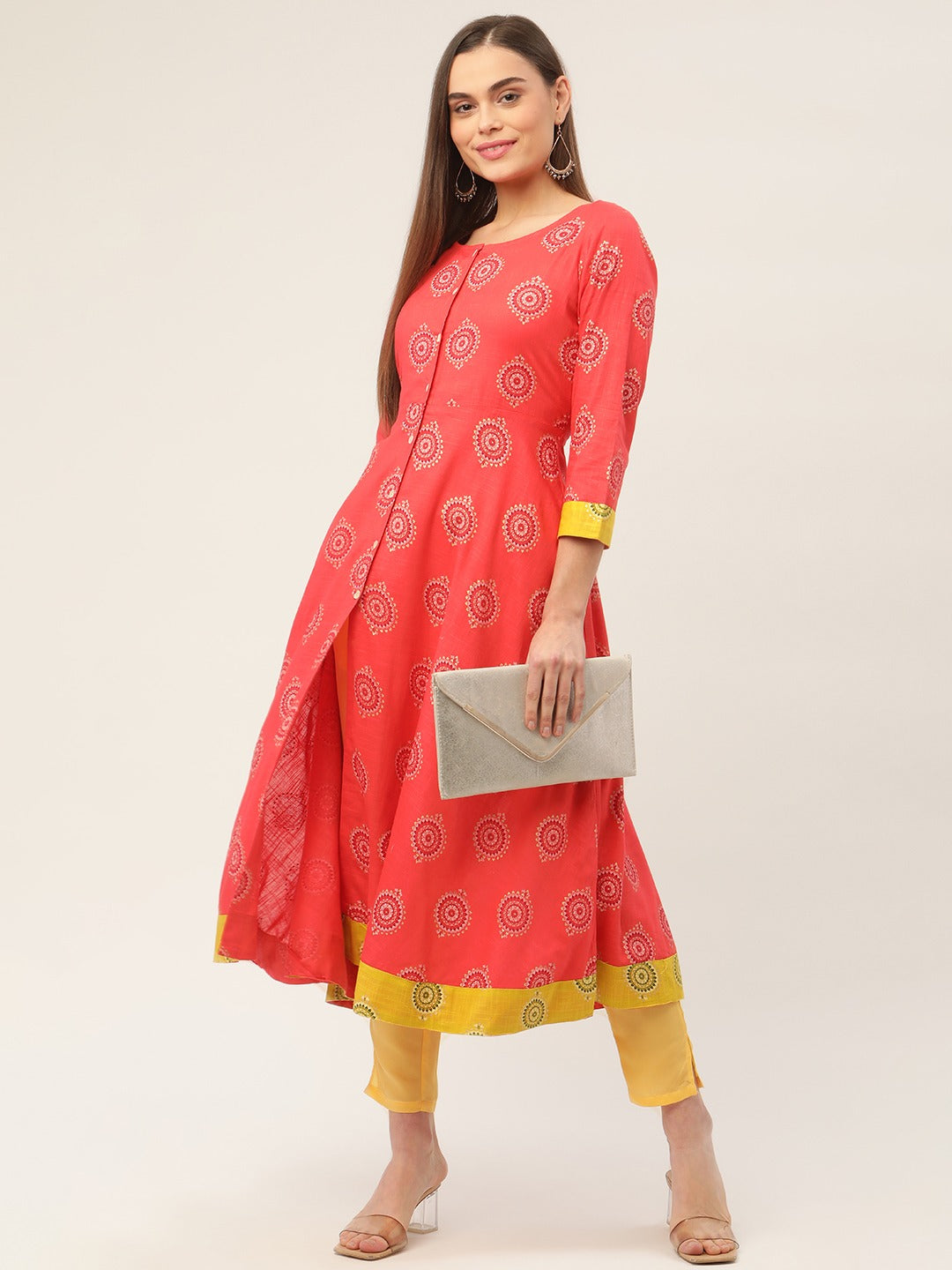 Women Red and Yellow Cotton Blend Flared Printed kurta
