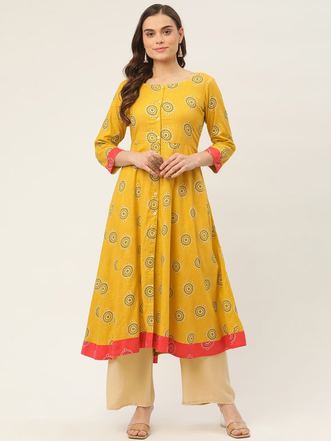 Women Yellow and Red Cotton Blend Flared Printed kurta