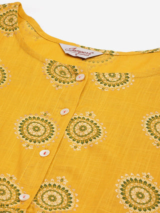 Women Yellow and Red Cotton Blend Flared Printed kurta
