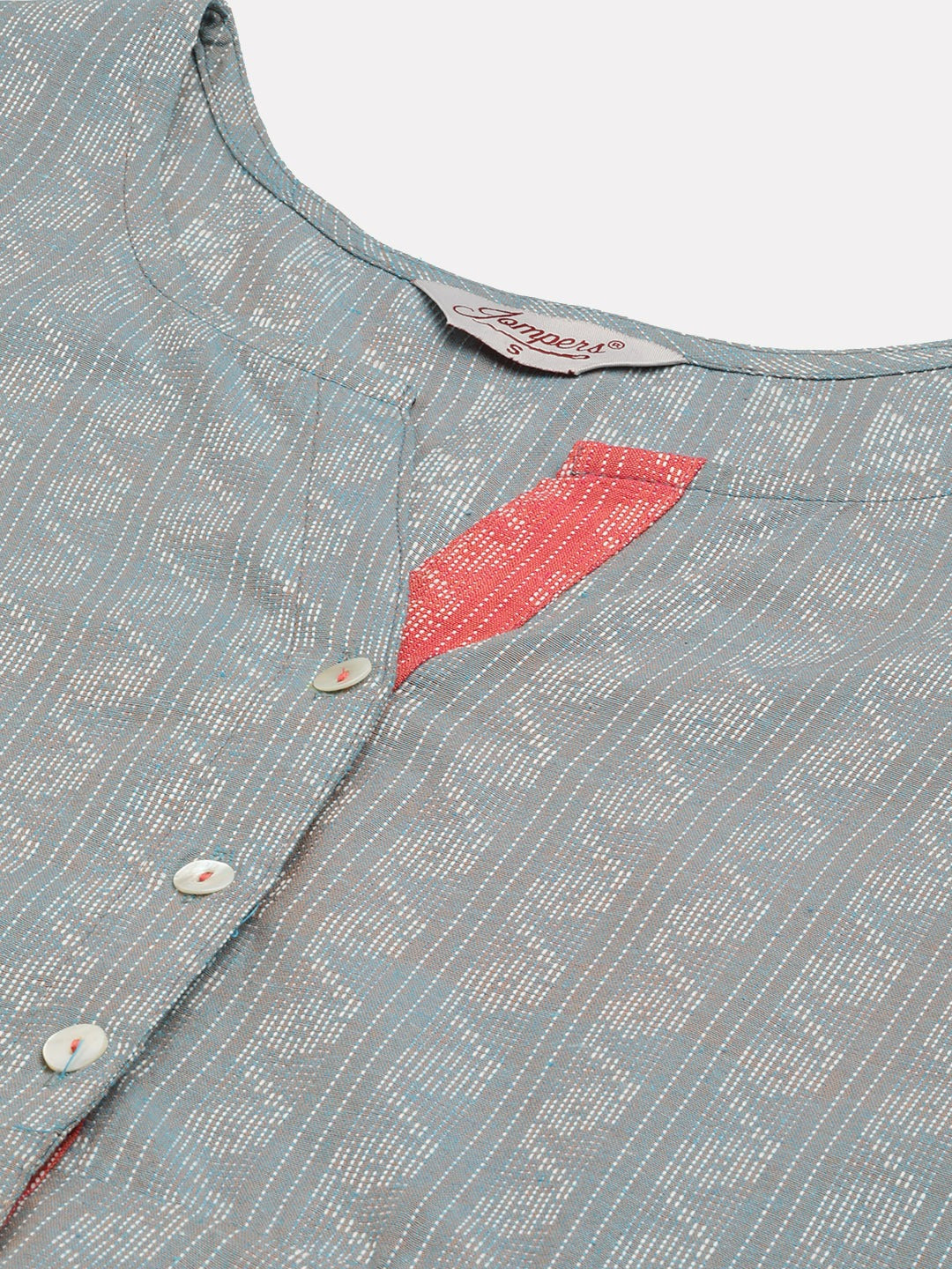 Women Grey & Red Cotton Jacquard Geometric Printed Kurta