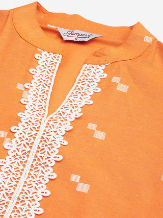 Women Orange Cotton Jacquard Geometric Printed Kurta