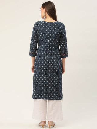 Women Indigo Blue Pure Cotton Floral Printed Kurtas