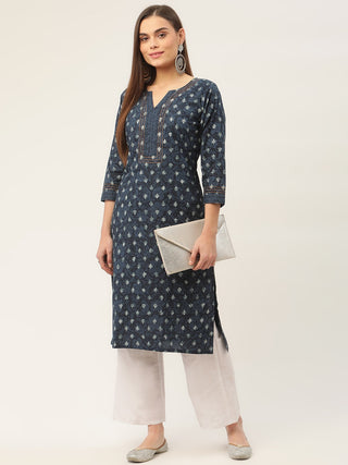 Women Indigo Blue Pure Cotton Floral Printed Kurtas