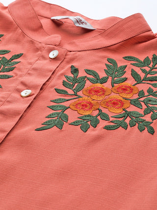 Women Rust Red & Green Floral Embroidered Georgette Anarkali Kurta