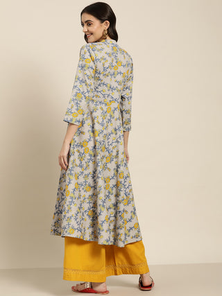 Women Grey and yellow Printed Anarkali Kurta