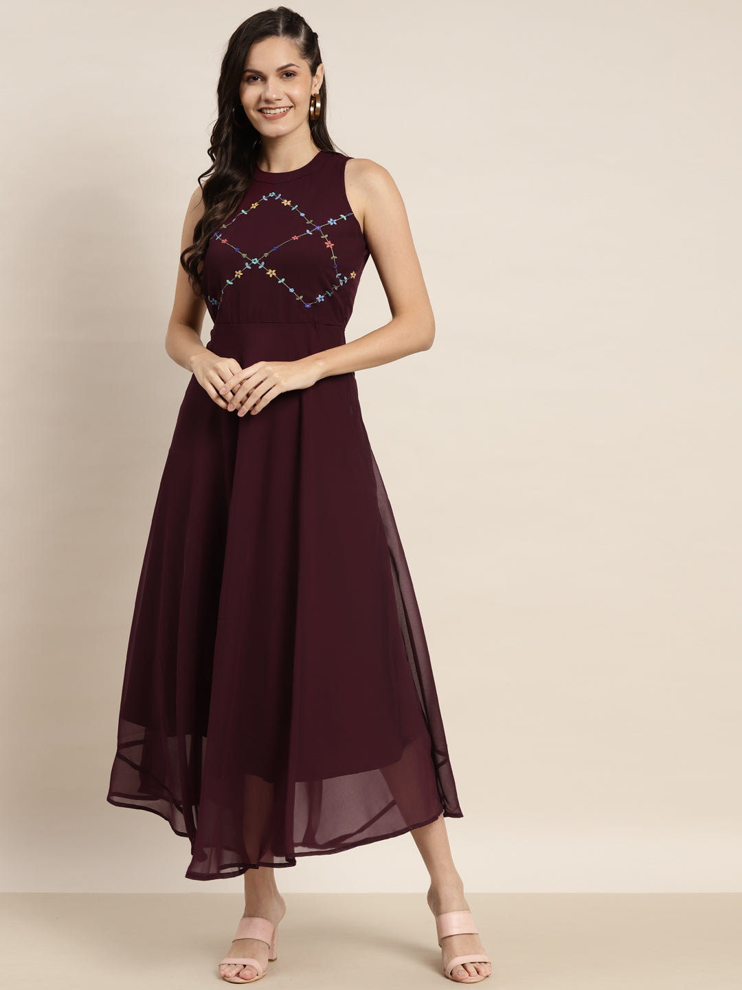 Embroidered A-Line Midi Dress