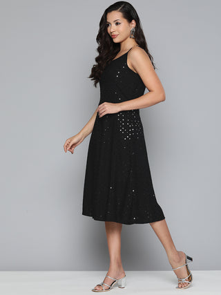 Jompers Black Floral Sequin Embroidered A-Line Midi Dress