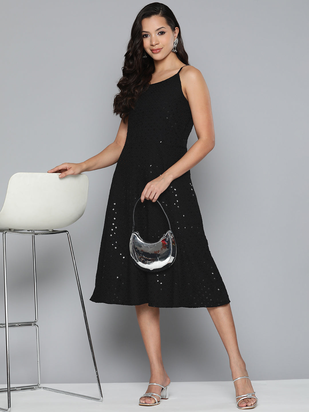 Jompers Black Floral Sequin Embroidered A-Line Midi Dress
