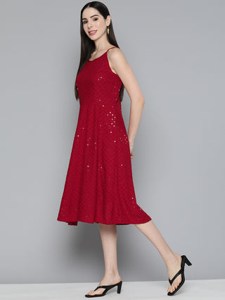 Jompers Maroon Floral Sequin Embroidered A-Line Midi Dress