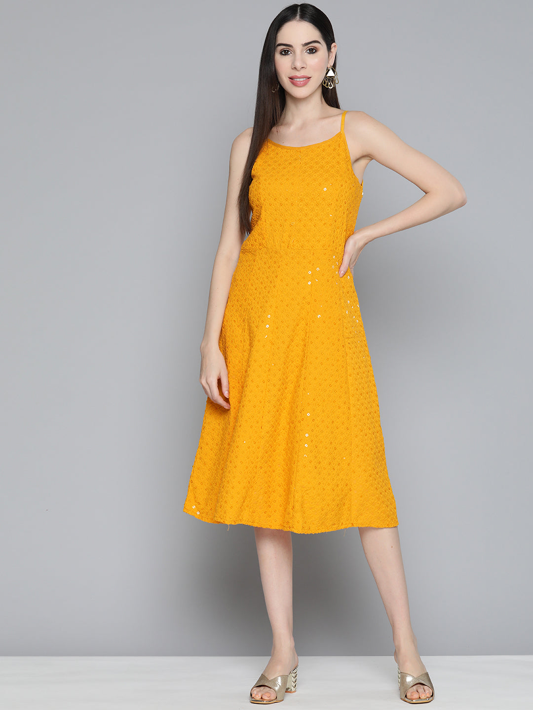 Jompers Mustard Floral Sequin Embroidered A-Line Midi Dress