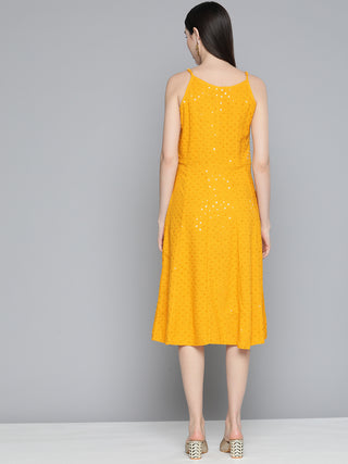 Jompers Mustard Floral Sequin Embroidered A-Line Midi Dress